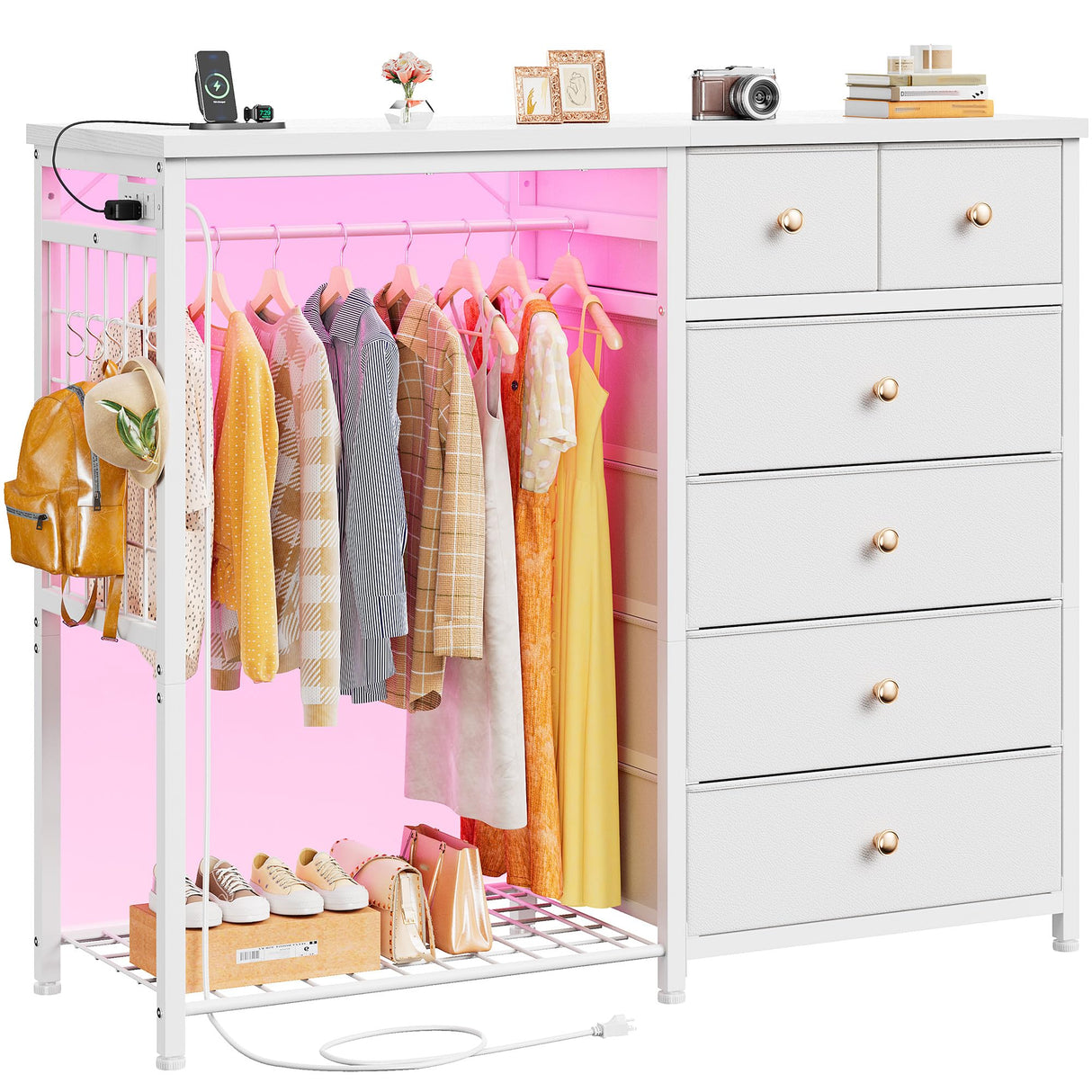 EnHomee 49.2" W White Dresser for Bedroom with Hanging Rack,6 Drawer Dresser with LED Lights & Charging Station, Fabric Dressers & Chest of Drawer with Clothes Rack, Wooden Top, Grid Panel, Closet EnHomee