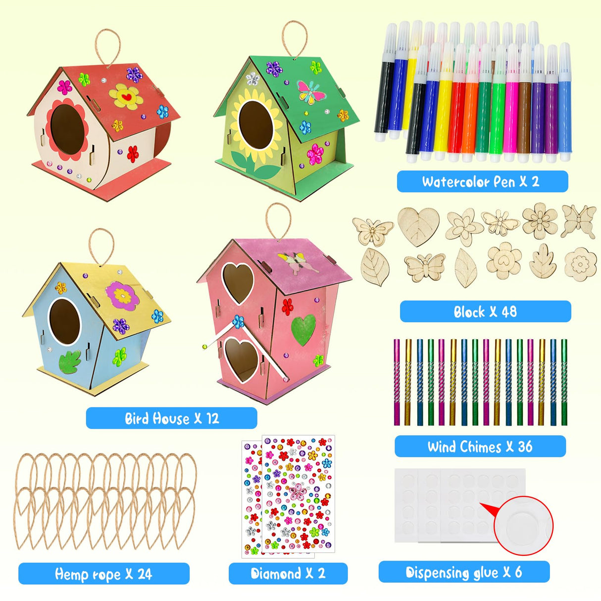 12 Sets DIY Wooden Birdhouses Wind Chime Craft Kit to Build and Paint,Wooden Unfinished Bird House with Watercolor Pen and Strips for Boy Girl Wood Crafts Creative DIY Art Bulk Painting Kits (12 Big) Cinrobiye