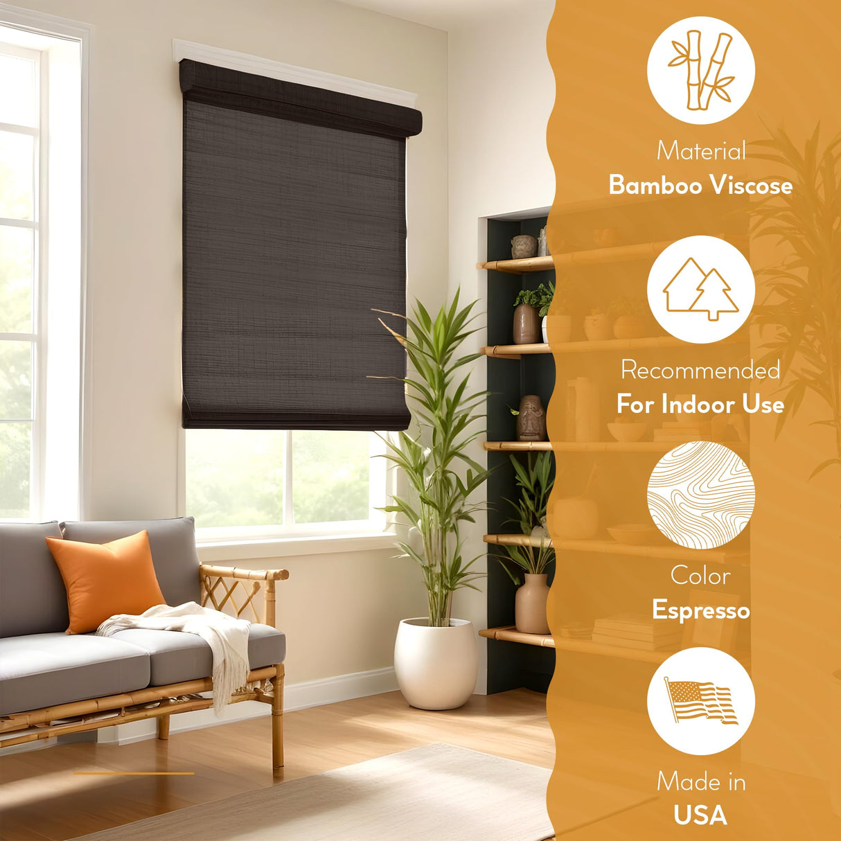 Radiance Cordless Bamboo Roman Shades for Windows - Flatstick Bamboo Blinds for Reduce Bright Light - Easy to Lift & Fold Up Window Shades - Espresso - 35 in. W x 64 in. L - (2208836E) Radiance
