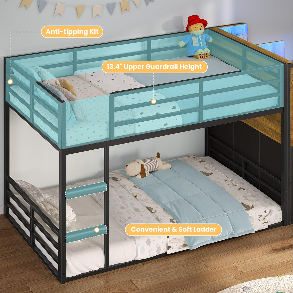BTHFST Twin Over Twin Bunk Bed, Twin Bunk Beds with Storage & LED Lights, Metal Space Saving Low Bunk Bed with Safety Ladder and Guardrail BTHFST