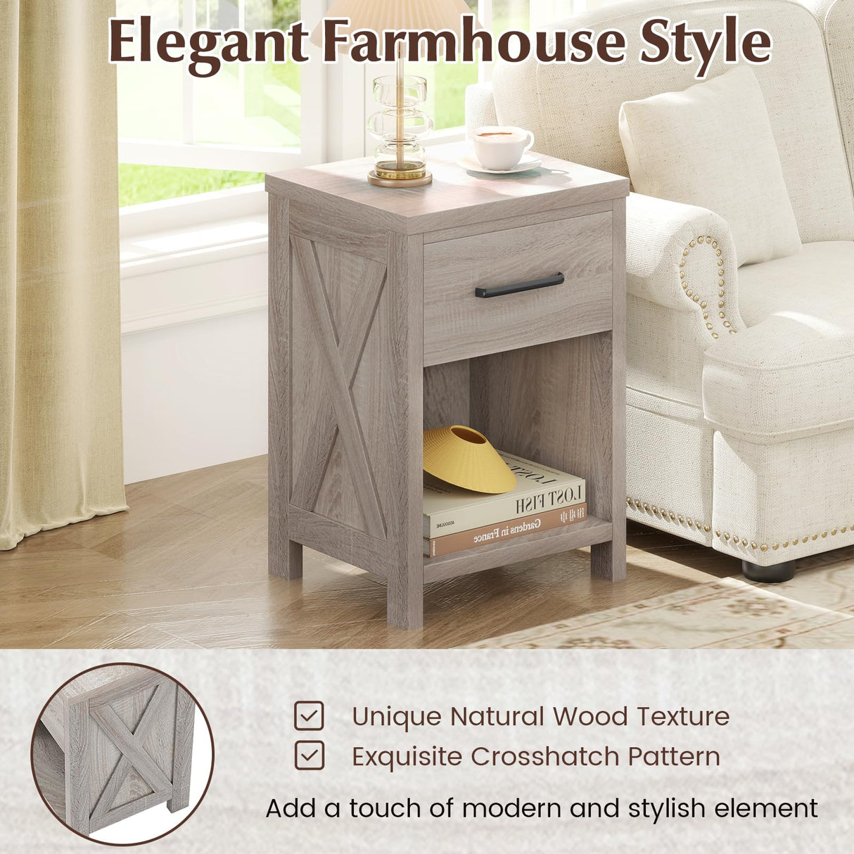 Giantex Farmhouse Nightstand, Wooden Bedside Table with Storage Drawer & Open Shelf, End Side Table, Rustic Night Stand for Small Space Bedroom & Home Office, Antique Brush White Giantex