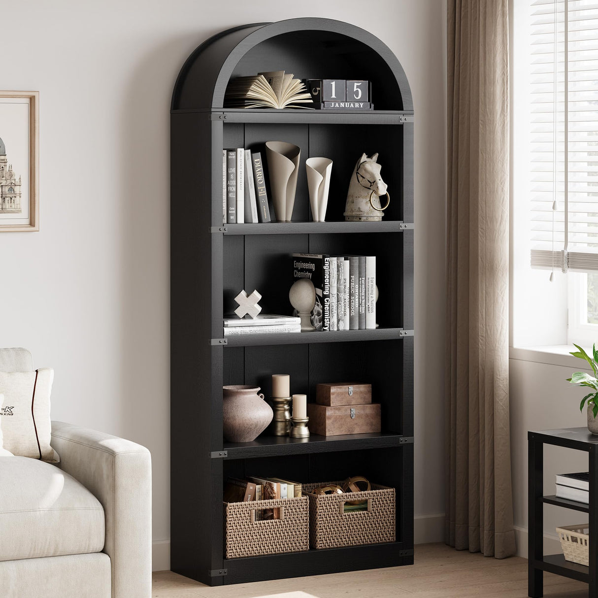GarveeHome Bookcase 5 Shelf Arched Bookshelf 71.65 in Tall Bookcase Farmhouse Display Storage Rack Wooden Bookshelves for Home Office, Living Room GarveeHome