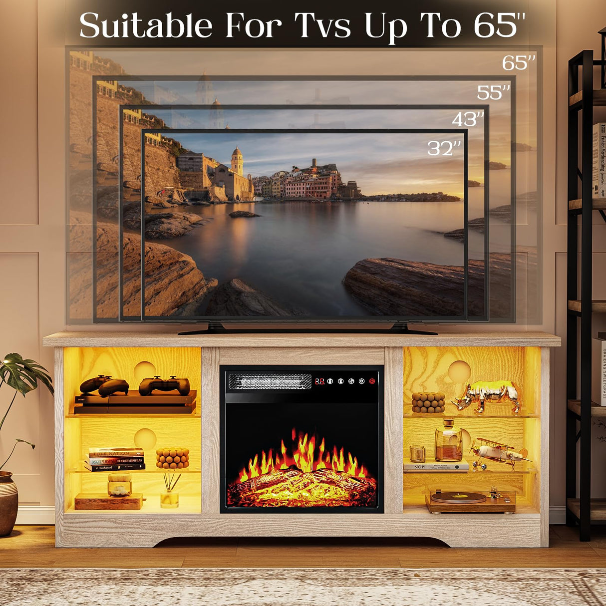 VITESSE 58 Inches Fireplace TV Stand for TVs up to 65 Inches Console with 18'' Electric Fireplace & Remote,Wooden Modern Entertainment Center for Living Room with LED Light Glass Shelves(Bei) VITESSE