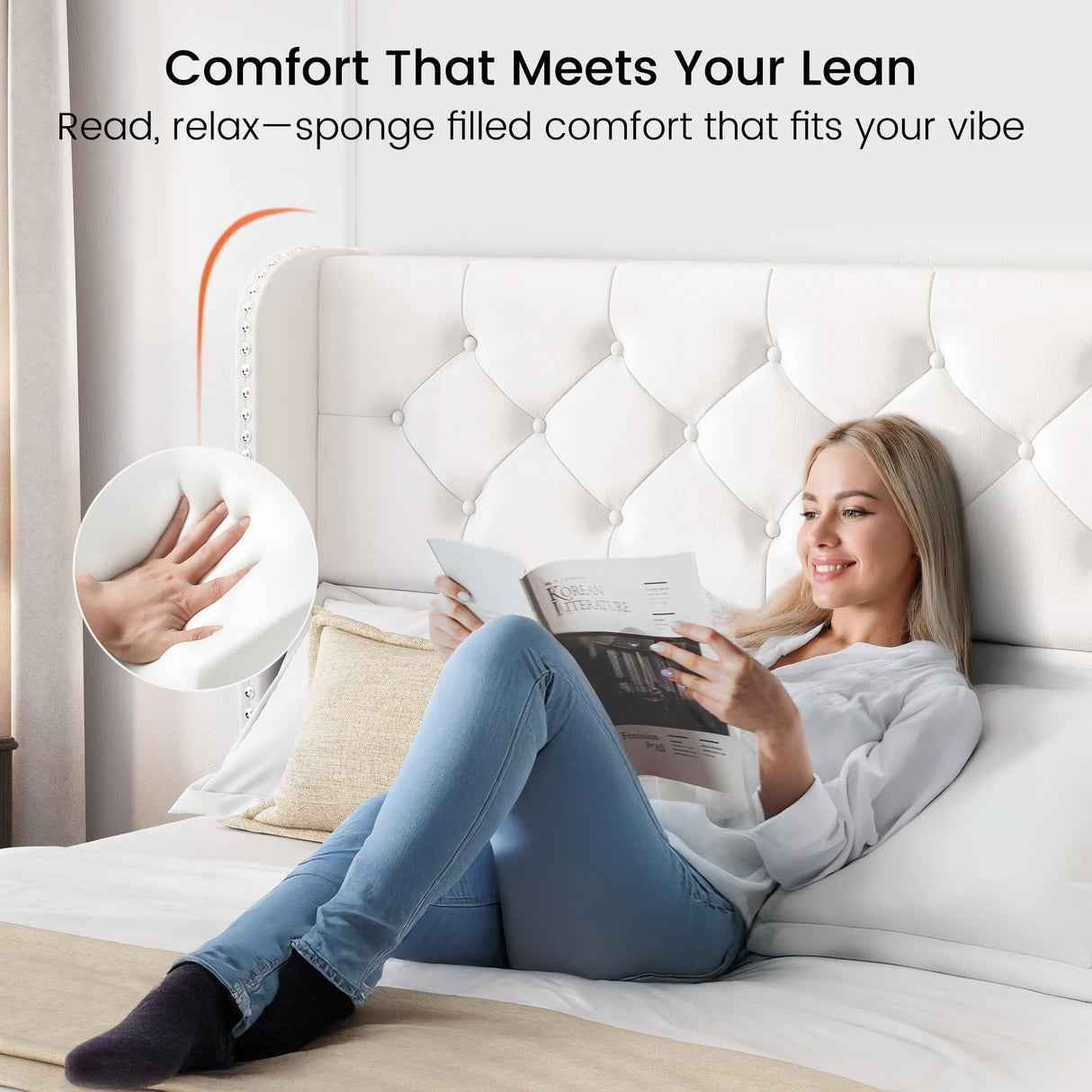 LARMACE Queen Size Bed Frame with 4 Storage Drawers and Wingback Headboard Velvet Upholstered Platform Bed Frame Tufted Beds with Wooden Slats Support, Easy Assembly, White LARMACE