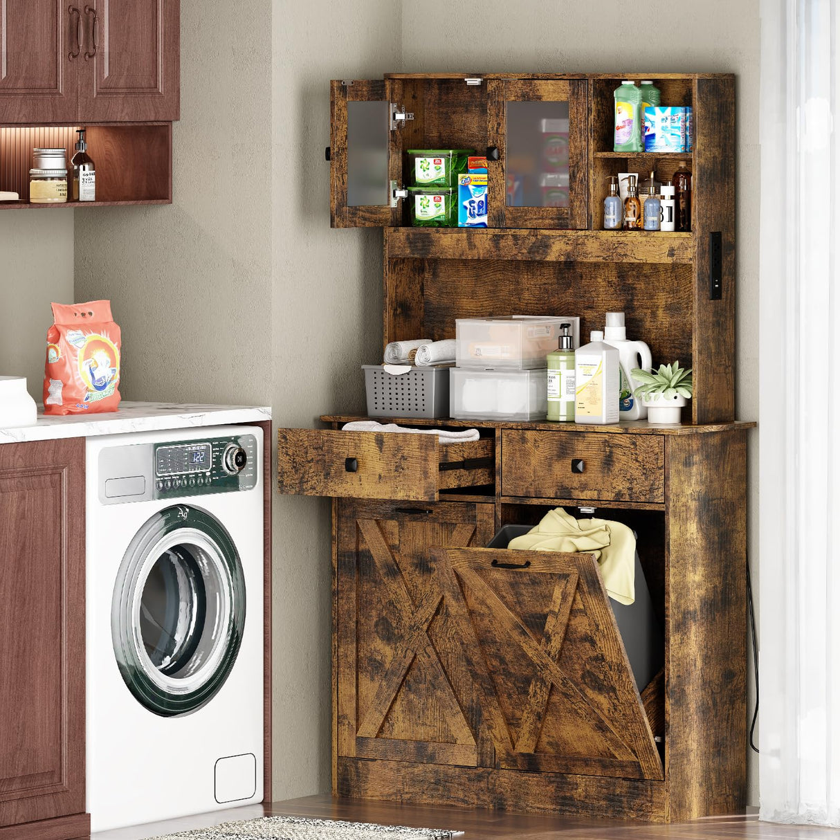 Redlife Double Tilt Out Trash Cabinet with Storage, 20 Gallon Double Tilt Out Laundry Hamper Cabinet, 67" Dual Hidden Garbage Cabinet Two Drawers, Kitchen Cabinet with Trash Can Storage (Rustic Brown) Redlifeᅟᅠ