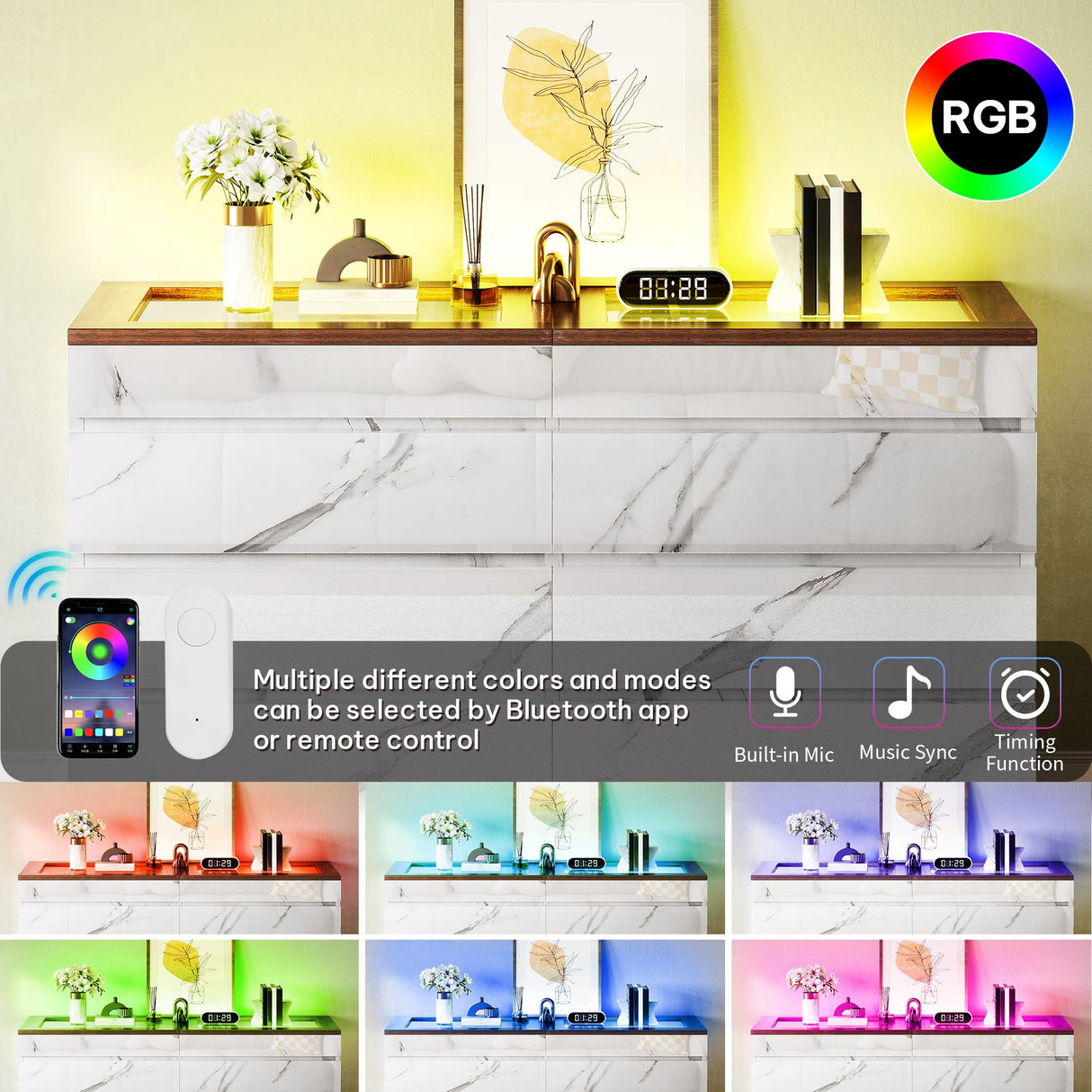 DWVO 8 Drawer Dresser with LED Light,White Marble Dresser, Modern 8 Chest of Drawers with Deep Drawers Glass Top High Gloss Surface, Storage Organizer Cabinet for Living Room, Bedroom DWVO