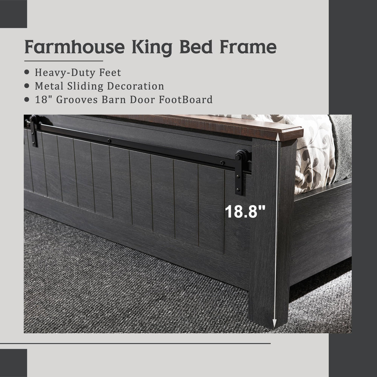 IFGET Farmhouse King Size Bed Frame with 47" Headboard, Wood Bed Frame with Groove Sliding Barn Door Footboard, Platform Bed with Wood Slats Support, No Box Spring Needed (Dark Grey) IFGET