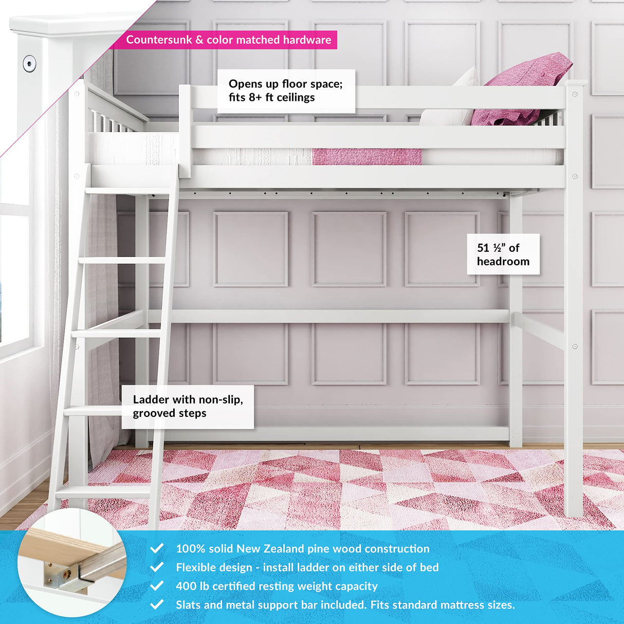 Max & Lily High Loft Bed, Twin Bed Frame for Kids, White Max & Lily