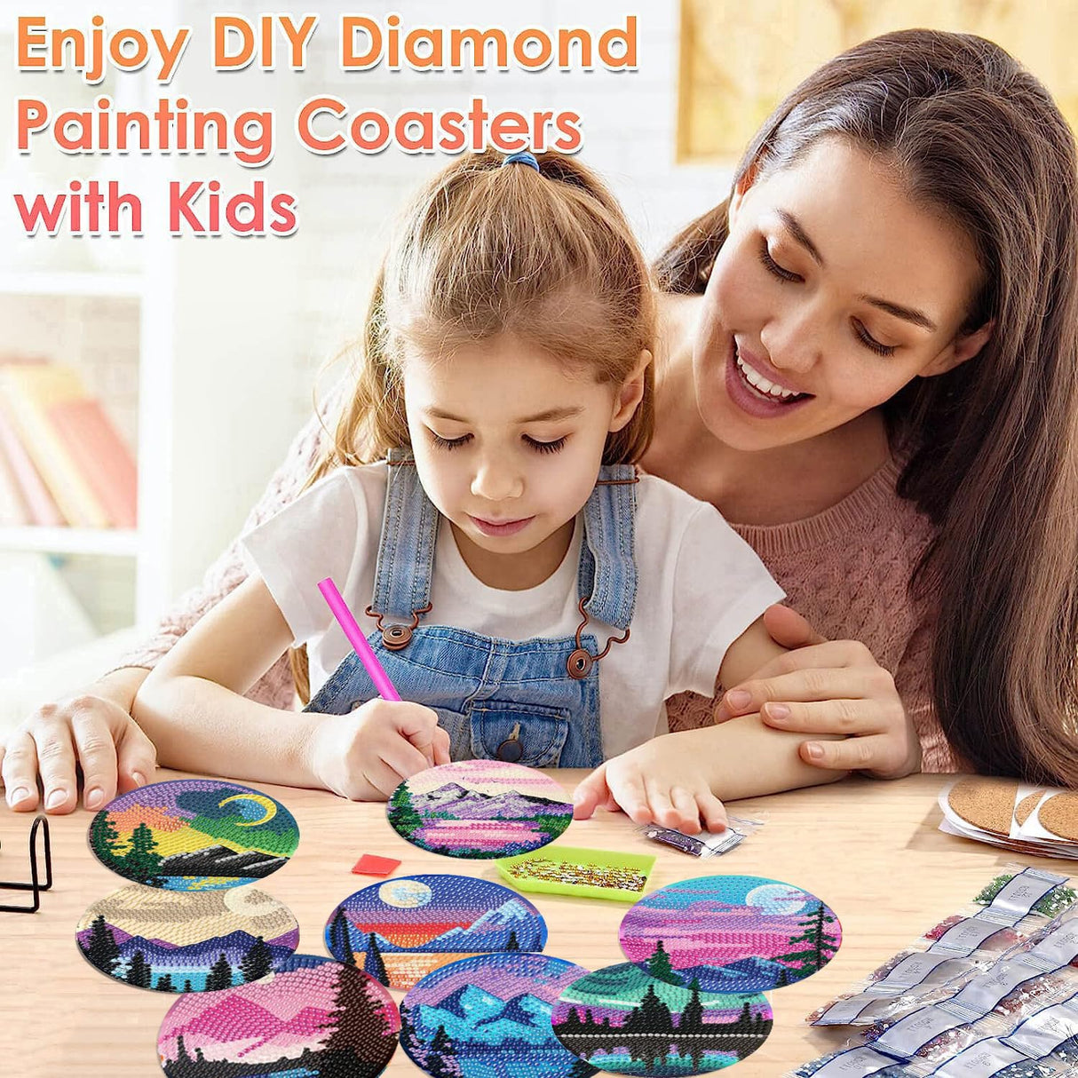 ijbnhd Sunsets Diamond Painting Coasters Kits, 8 Pieces Sunsets Diamond Art Coasters with Holder, DIY Art kit for Beginners 4X4inch (Cork Wooden Pad) ijbnhd