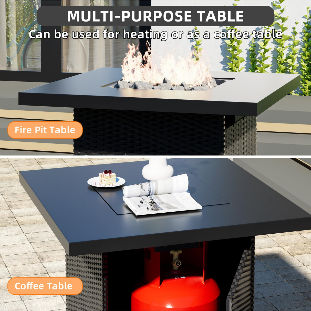 8-Piece Outdoor Patio Sectional Sofa Set with Fire Pit Table – PE Wicker Rattan Modular Conversation Furniture, Cushions & Clips Included – Patio Couch for Porch, Backyard, Poolside, Garden ELEGIBLISS