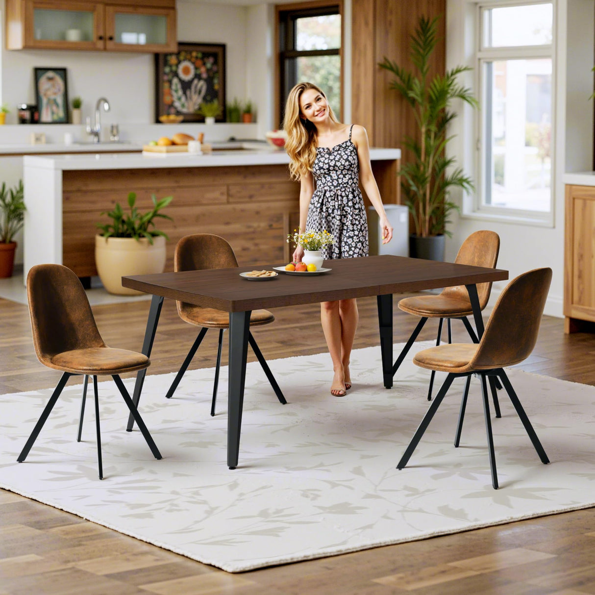 HomyCasa 5-Piece Mid-Century Dining Set, 63" Rectangular Table & 4 Swivel Upholstered Chairs (Fabric/Suede), Sturdy Metal Frame, Perfect for Kitchen, Dining Room, Office, or Restaurant (Brown & Brown) Homy Casa