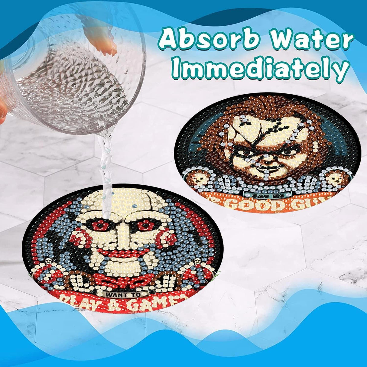 8 Pcs Halloween Diamond Art Coasters Kit for Adults - Round Full Drill Horror Diamond Painting Coasters Set with Holder,DIY Diamond Dot by Number Coaster Art and Craft for Home Wall Decor Gifts Ammklfh