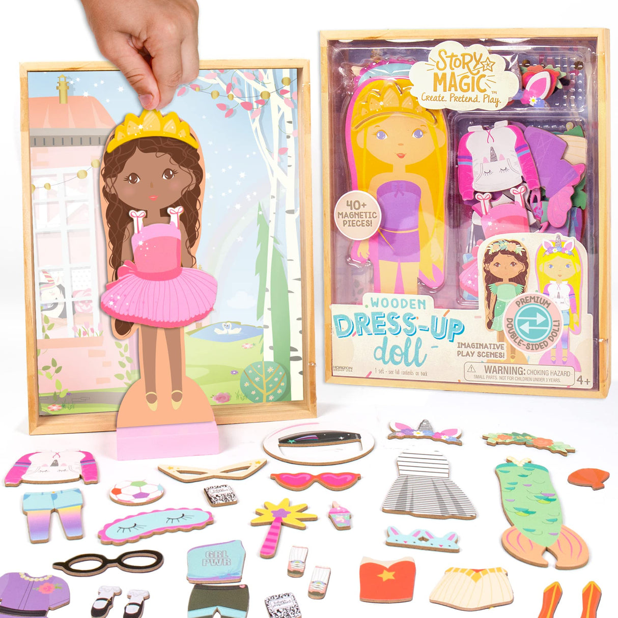 Story Magic Wooden Dress-Up Doll by Horizon Group USA, Dress Up Magnetic Wood Double Sided Doll, Over 40 Outfit and Accessory Pieces, Creative Pretend Play, Perfect for Ages 4+ Horizon Group USA