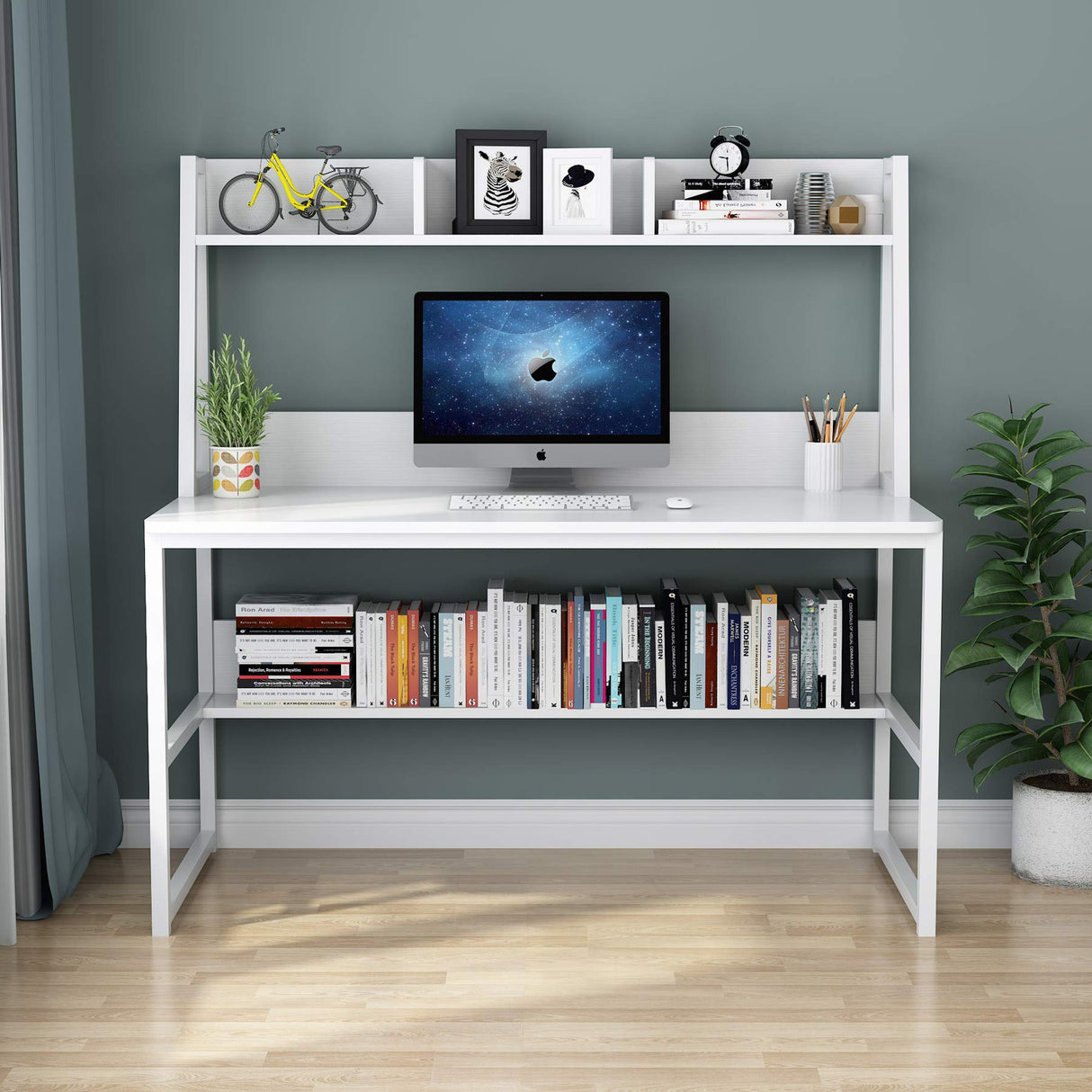 Tribesigns 47-Inch All White Computer Desk with Hutch and Bookshelf for Compact Home Office Spaces Tribesigns