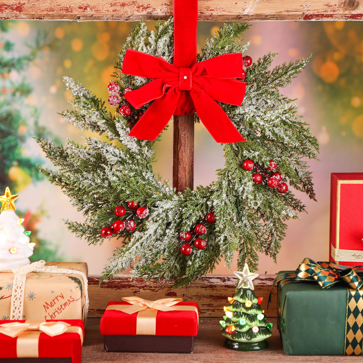 Barydat 18 Pcs Christmas Wreath Decorations Christmas Kitchen Cabinet Wreaths with Red Ribbon Mini Wreaths Farmhouse Decoration Artificial Hanging Garlands for Christmas Front Door Window Chair Wall Barydat