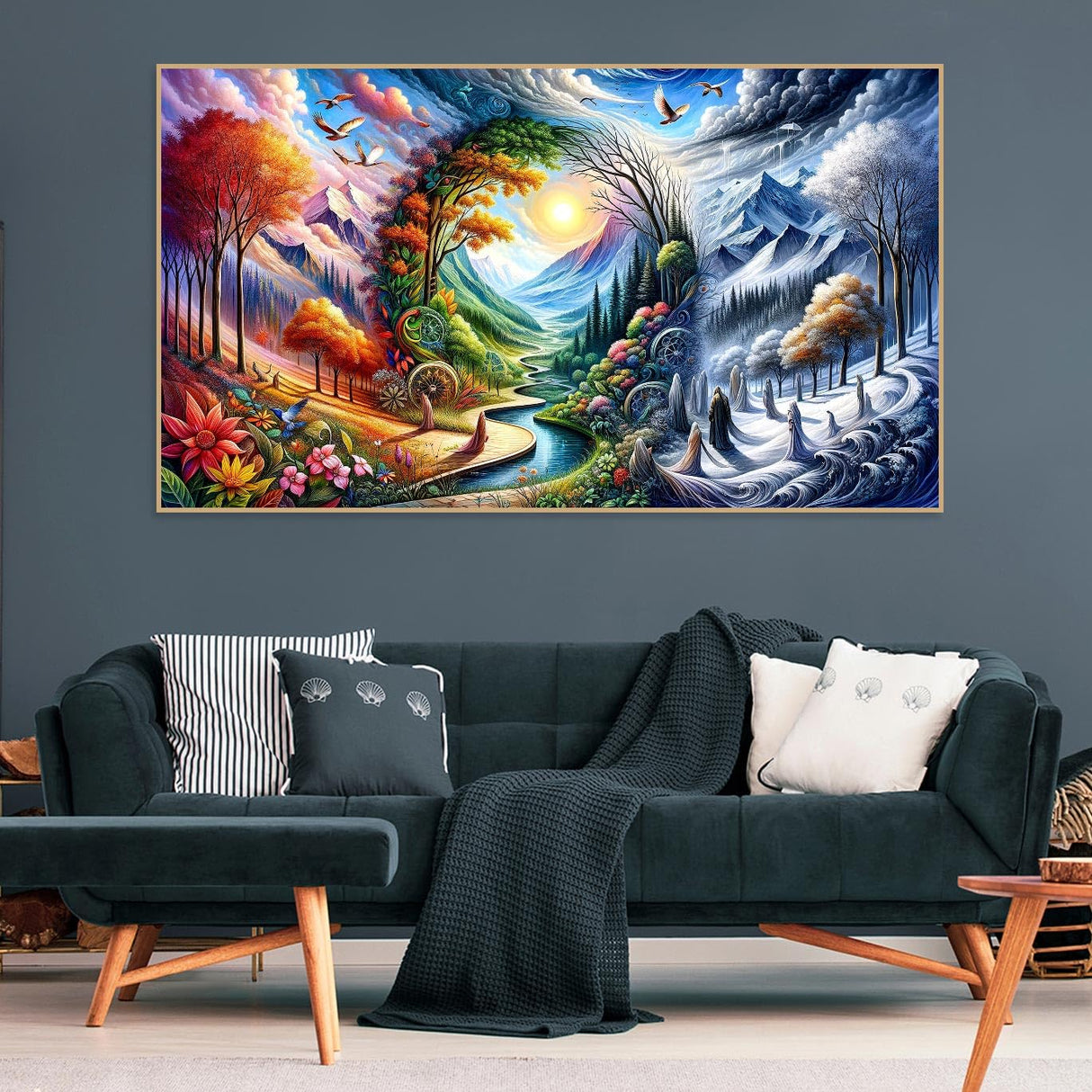 5D Large Diamond Art Painting,Four Season Diamond Art Kits for Adults,DIY Full Drill Crystal Rhinestone Arts and Crafts,bird Flowers mountain Art Painting with Diamond Home Wall Decor 27.5 X 15.7inch pchmcu