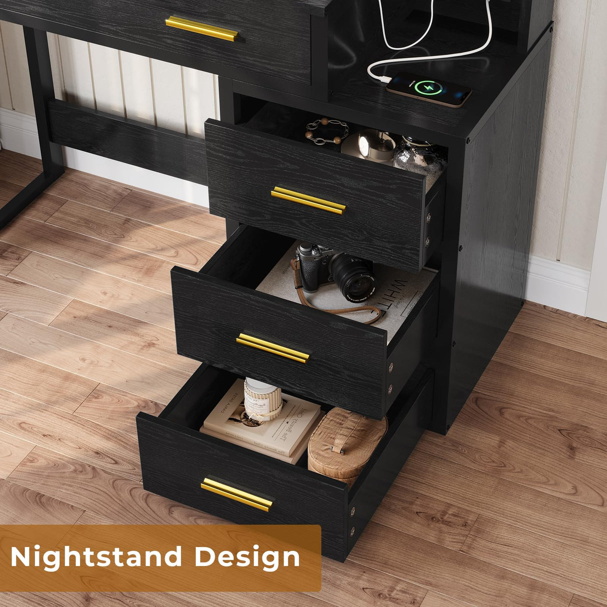 Tiptiper Makeup Vanity with Lights, Black Vanity Desk with Mirror & 3 Lighting Modes, Vanity Table with USB Ports and Outlets, Makeup Table with Nightstand & Storage Shelves & Drawers (Modern Black) Tiptiper