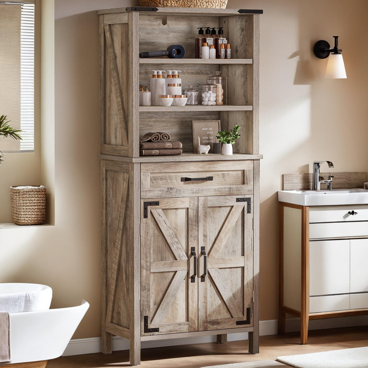 DWVO Farmhouse Storage Cabinet, Small Bathroom Storage Cabinet with Doors and Shelves, 58" Tall Multi-Functional Accent Cabinet for Dining Room, 58" H x23.6 W, Washed Grey DWVO