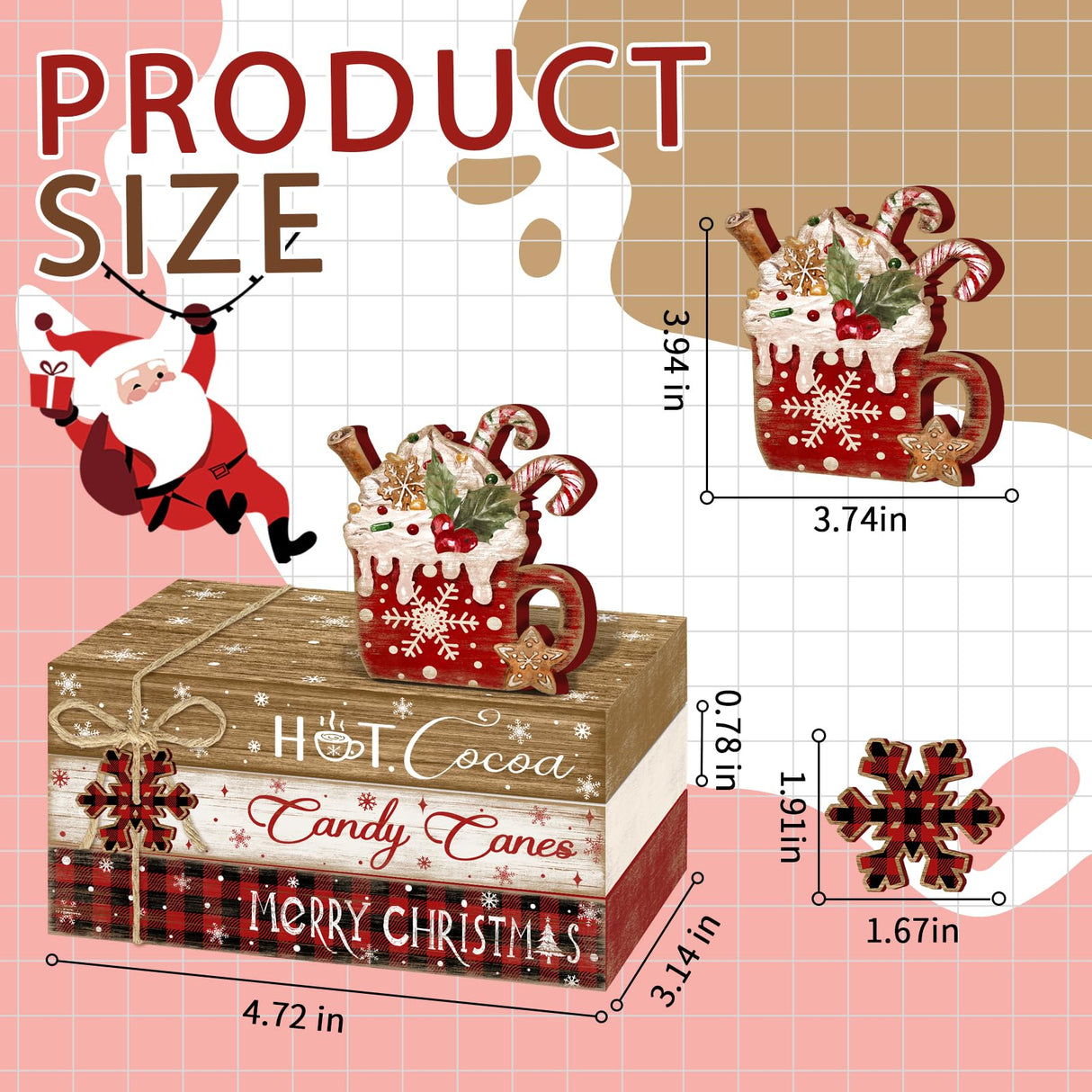 Culudea 4Pcs Christmas Hot Cocoa Table Decoration Farmhouse Holiday Tiered Tray Decor Rustic Merry Christmas Wooden Faux Book Stack Sign Winter Table Centerpiece for Home Office Shelf Mantel Decor Culudea