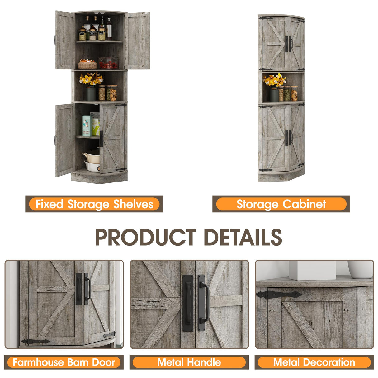 Vabches 64.8" Tall Farmhouse Corner Cabinet with 4 Doors and 5 Storage Shelves, Farmhouse Storage Cabinet with Barn Door Design, Home Space Saver for Living Room, Kitchen, Laundry Room,Grey Vabches