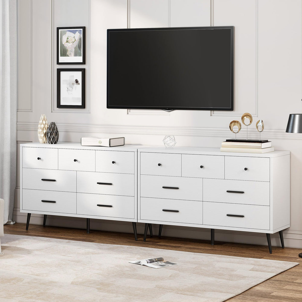 DWVO White 7 Drawer Dresser, 47" W Large Double Dresser Chest of Drawers, Modern Wood Storage Organizer with Black Metal Handles & Anti-Tipping Device for Hallway, Entryway DWVO