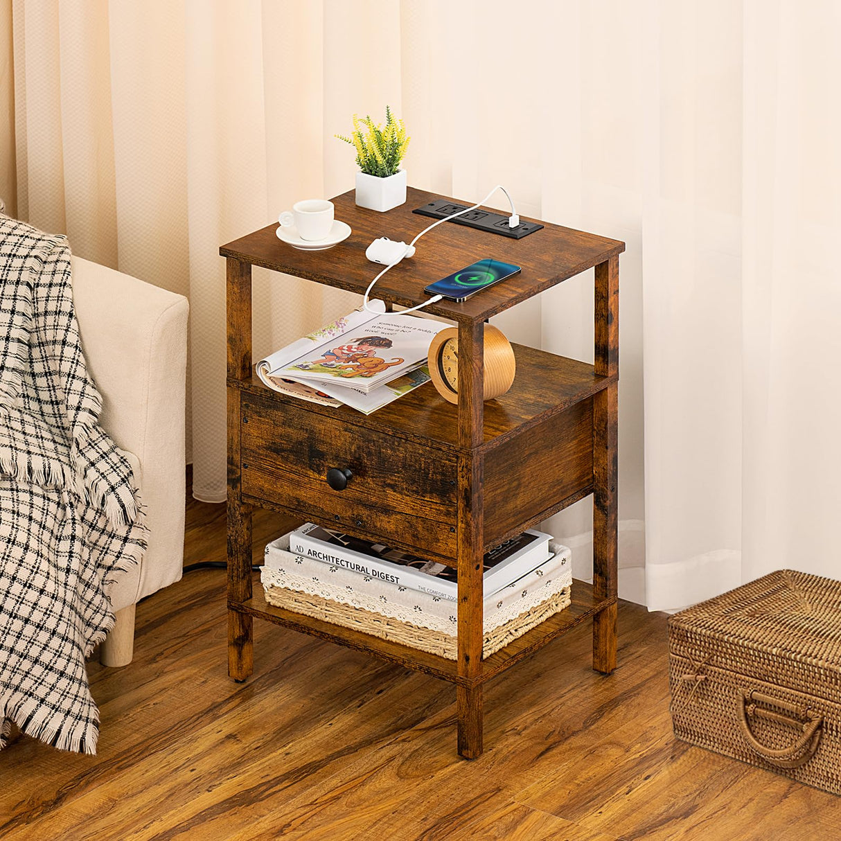 Lerliuo Nightstand with Charging Station and USB Ports, 3-Tier Storage End Table with Drawer Shelf, Night Stand for Small Spaces, Wood Bedside Table for Living Room, Bedroom - Retro Brown… Lerliuo