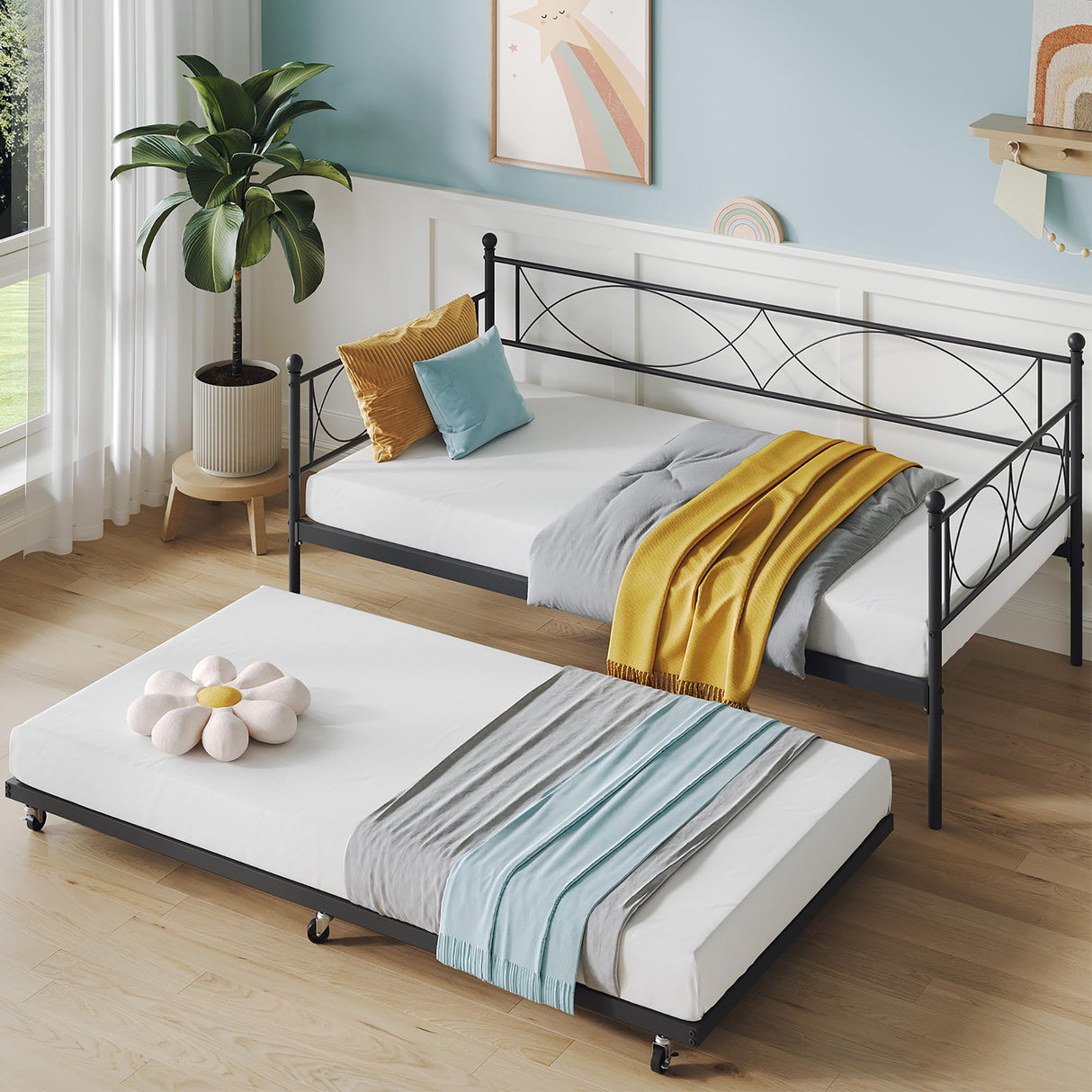 IDEALHOUSE Twin daybed with Trundle, Metal Twin Daybed and Trundle Set, Day Bed Sofa Bed Frame with Steel Slat Support, Multifunctional Daybed Frame for Bedroom (Modern - Black) IDEALHOUSE