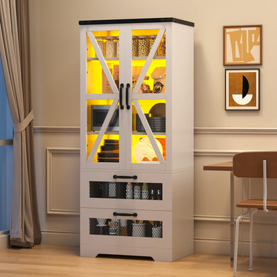 Jehiatek 56" Storage Cabinet with LED Light, Modern Farmhouse Cabinet with Large Drawers & Adjustable Shelves, Display Bookcase with Glass Door, Cupboard Sideboard for Living/Dining Room, White