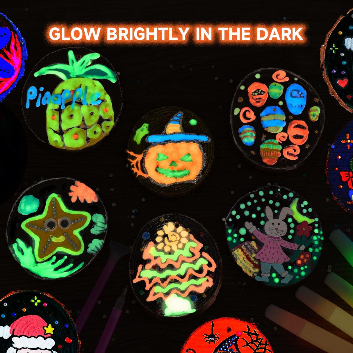 Kids Wood Painting Craft Kit, Glow-in-the-Dark Paint and Diamond Painting on Wood Slices with Stickers & Wiggle Eyes, Ideal Arts and Crafts for Kids Ages 5-12, Gifts for Halloween, Christmas, Birthday Shuttle Art