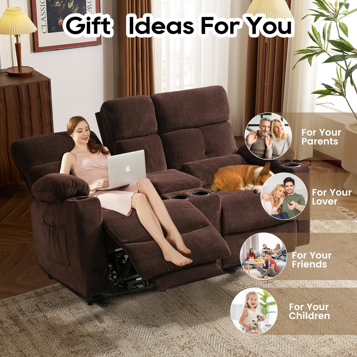 Home Theater Seating Loveseat Recliner Sofa, Power Reclining Couch with Massage & Heat, USB Charging Port, 2 Lumbar Support Pillows, Center Console, Cup Holder, Side Pocket, for RVs, Movie Room P.H.Furn