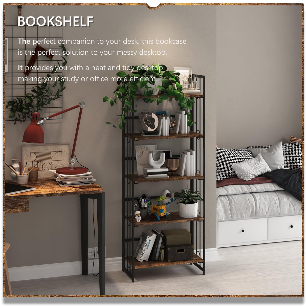 Folding 5-Tier Vintage Bookshelf by 4NM - Rustic Brown and Black Storage Solution 4NM