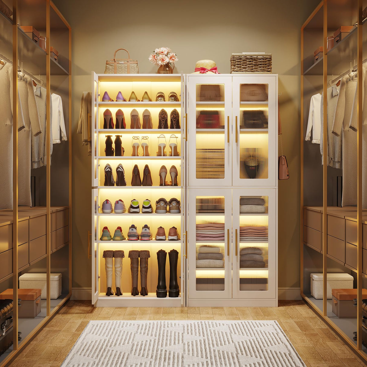 Tribesigns Tall Shoe Storage Cabinet with Acrylic Doors and LED Lights, 8-Tier Entryway Shoe Organizer Rack with Adjustable Shelves and Hanging Hooks for Narrow Closet, Hallway, Living Room, White Tribesigns