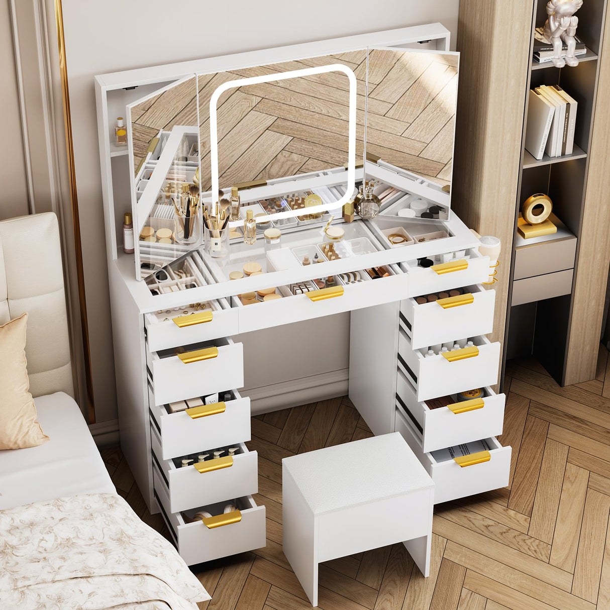 Pamapic 11 Drawers Vanity Desk with Foldable Mirror, Glass Top Makeup Vanity with LED Lights, 3 Lighting Modes, Golden Handles Dressing Table with Chair and Power Outlet Pamapic