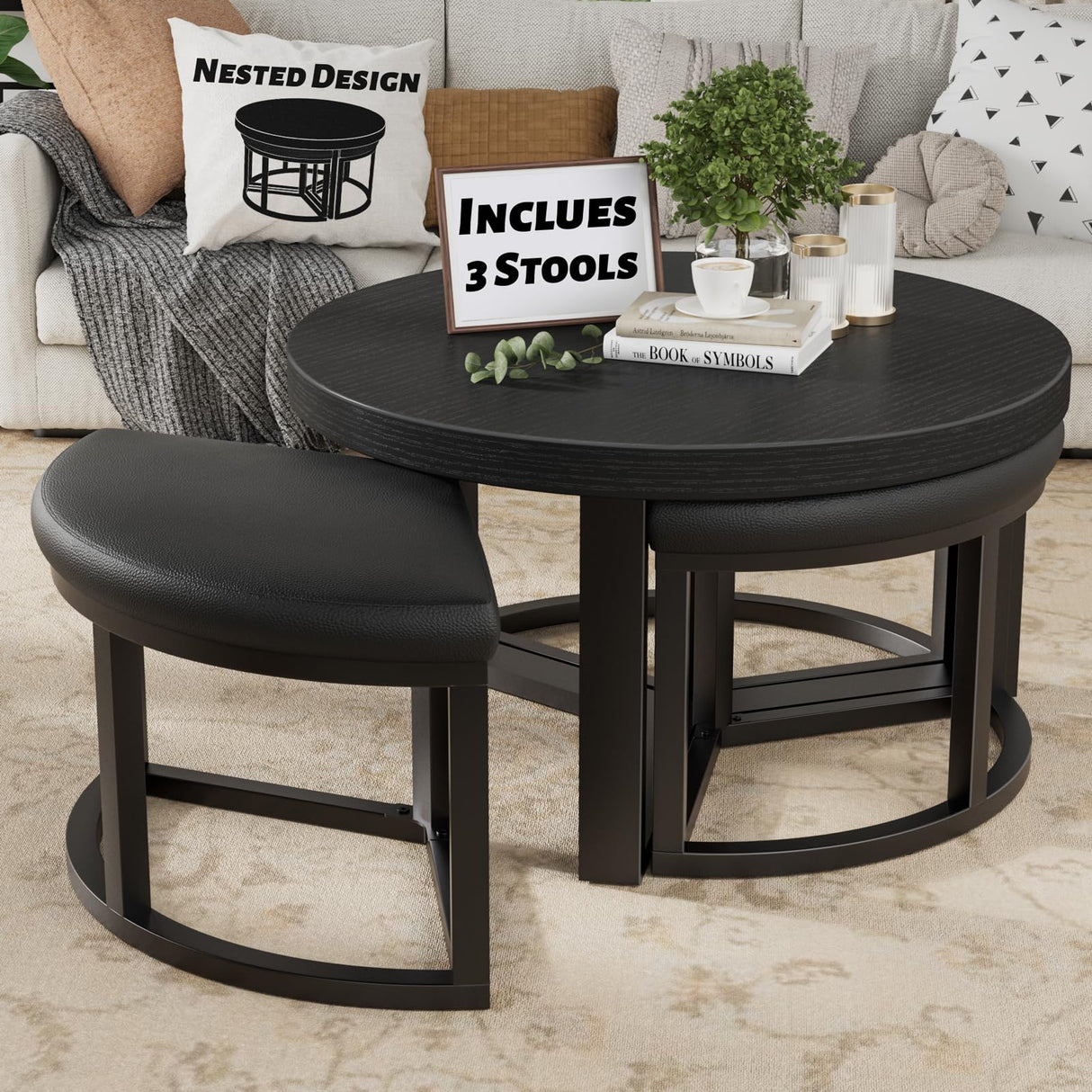 IGERI Round Coffee Table with Stools Underneath - 30 Inch Small Modern Tables Set with 3 Chairs Ottomans Seating Seats Black Wood IGERI