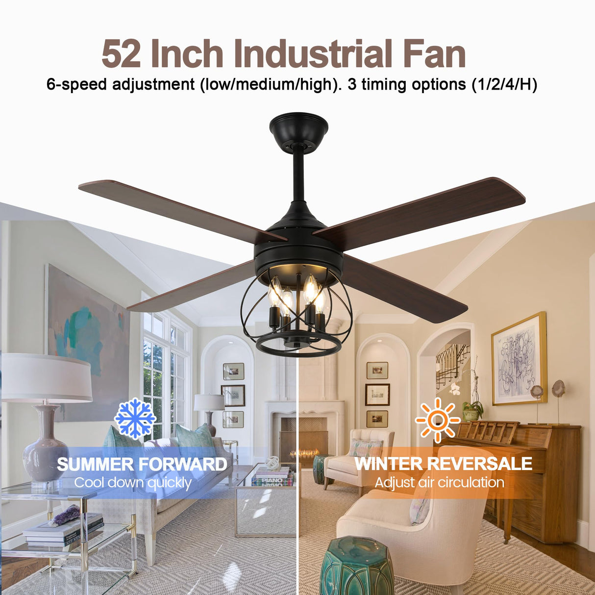 Curve Curio 52 Inch Farmhouse Ceiling Fan with Light and Remote Industrial Ceiling Fan Quiet and Reversible DC Motor Rustic Caged Chandelier Fan for Living Room Bedroom Patio (Caged Frame) Curve Curio