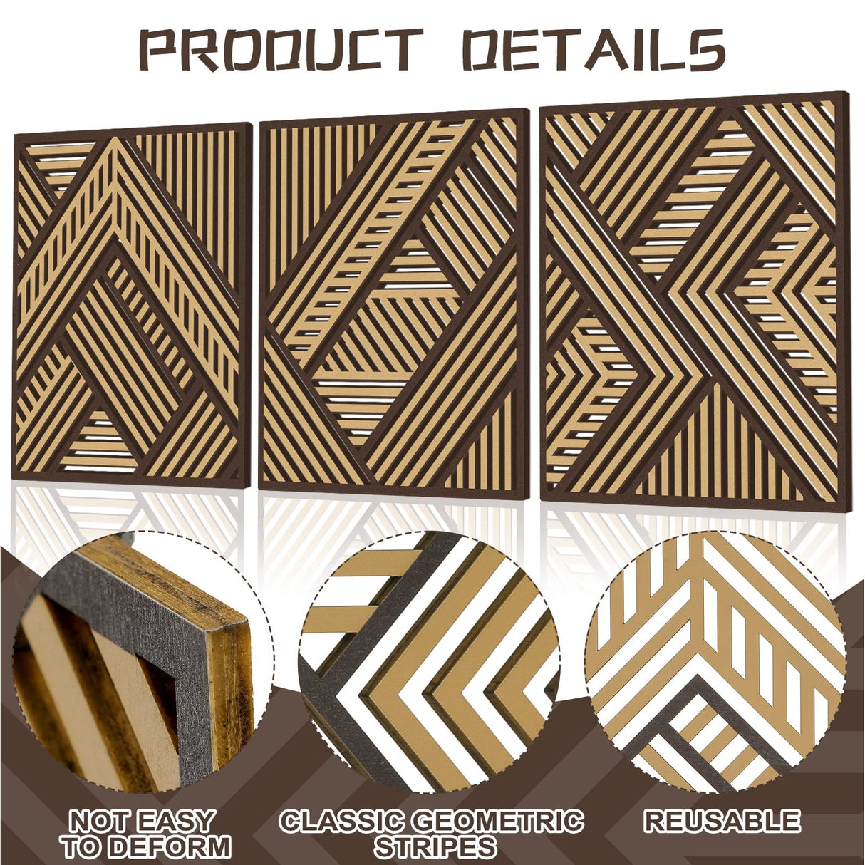 Tatuo 3 Pcs Geometric Wood Wall Art, Modern Slatted Wood Design Wall Decor, Hanging Abstract Panels Wall Decor with 3D Hollow Craft Art for Home Office Kitchen Living Room Bathroom (Simple Geometry) Tatuo