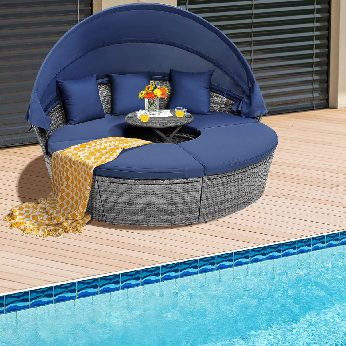 HAPPYGRILL Rattan Daybed with Canopy, Outdoor Wicker Round Daybed Patio Sectional Seating with Cushions & Adjustable Side Table, Patio Furniture for Backyard Porch Poolside HAPPYGRILL