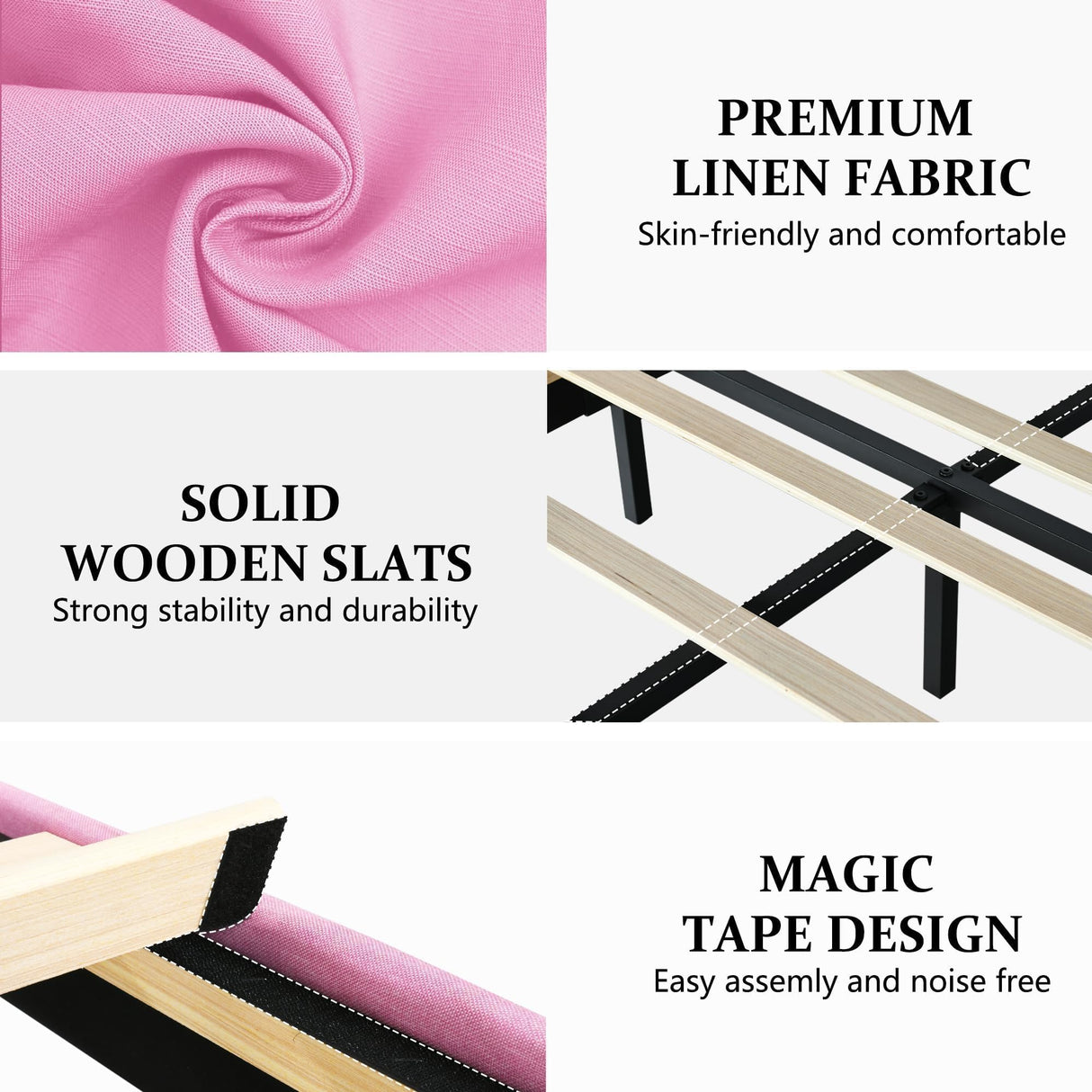 Twin Bed Frames with Button Tufted Headboard, Linen Upholstered Platform Bed with Wooden Slats Support, Princess Bed Frame for Girls, Easy Assembly, No Box Spring Required, Pink BarnFurin