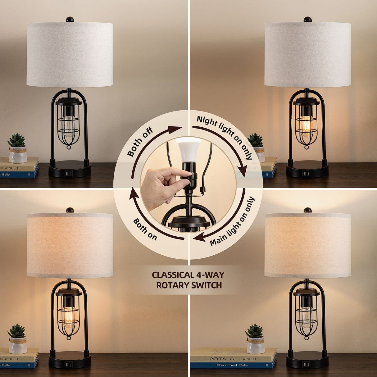 KAWOTI Set of 2 Farmhouse Table Lamps with USB Ports and Night Light Modern Nightstand Lamp for Living Room Bedroom(Bulbs Included) KAWOTI