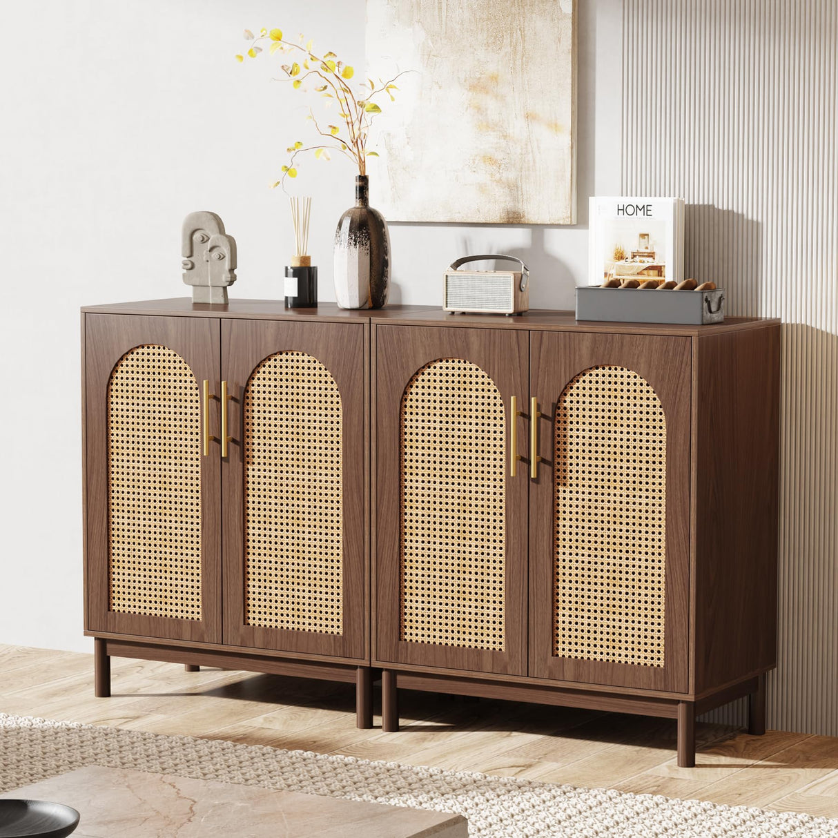 Tribesigns Set of 2 Rattan Sideboard Buffet Cabinet with Storage, 59 Inch Accent Cabinet for Dining Room, Living Room, Kitchen, Rattan and Dark Brown Tribesigns