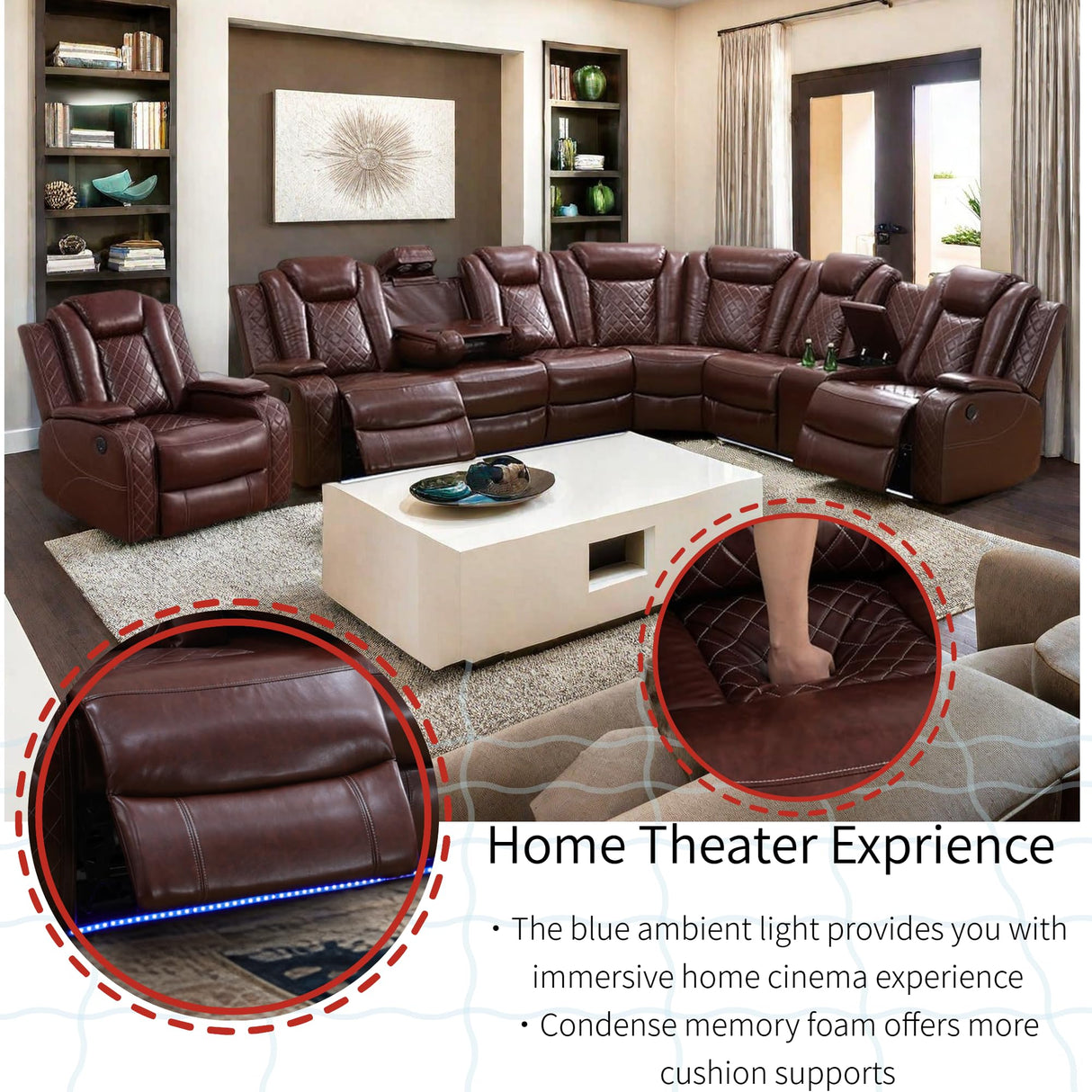 Power Recliner Sofa Sectional Sofa with LED Light for Living Room, Air Leather Reclining Corner Sectional Sofa Set, Cup Holder, Storage Console for Home Theater Seating (Burgundy, Sectional+Chair) AYCP Furniture