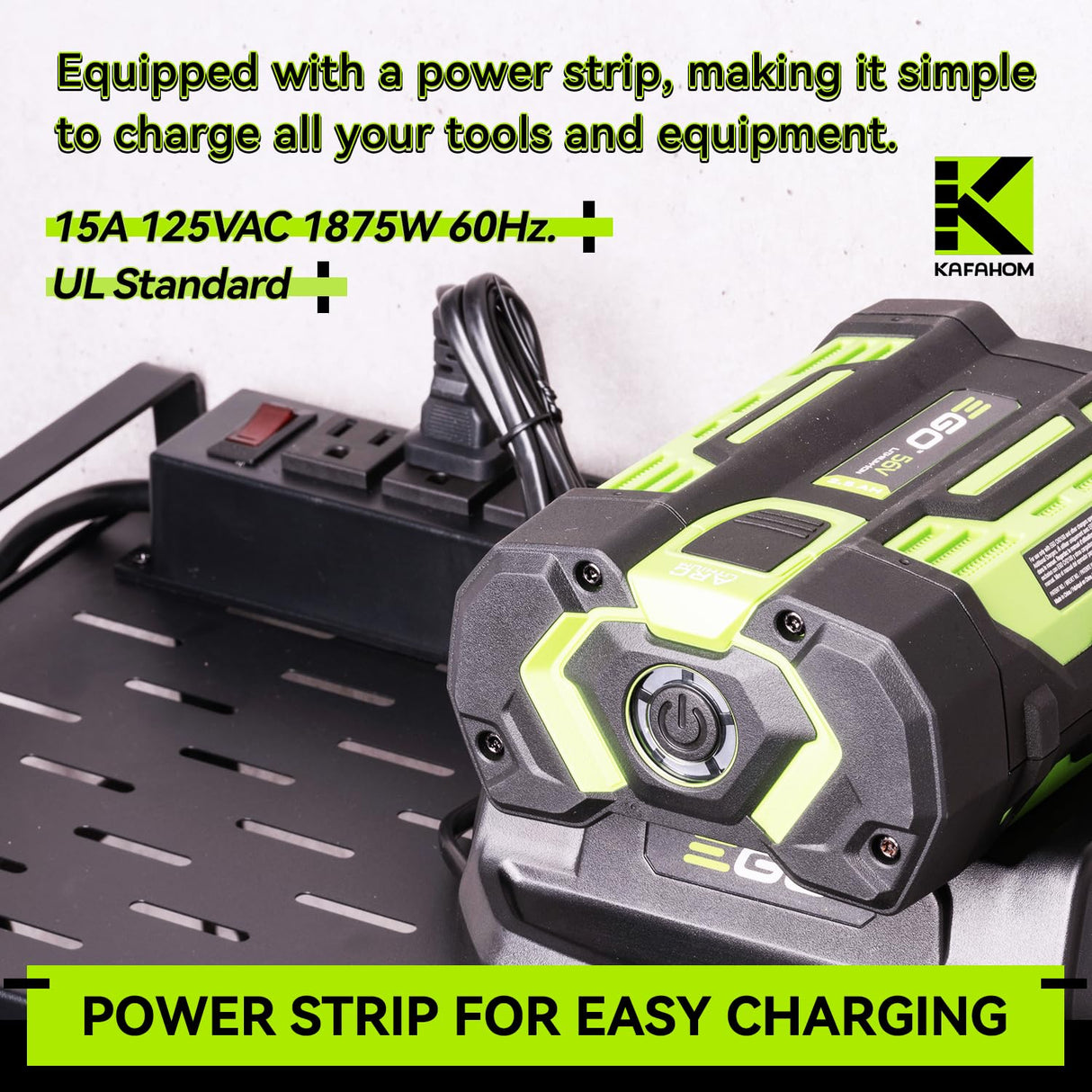 KAFAHOM Leaf Blower and Weed Eater Rack with Charging Station, Lawn Power Tool Organizer Wall Mount, Lawn Tool Storage Rack for Leaf Blower, Weed Eater, Battery, Charger, Black KAFAHOM