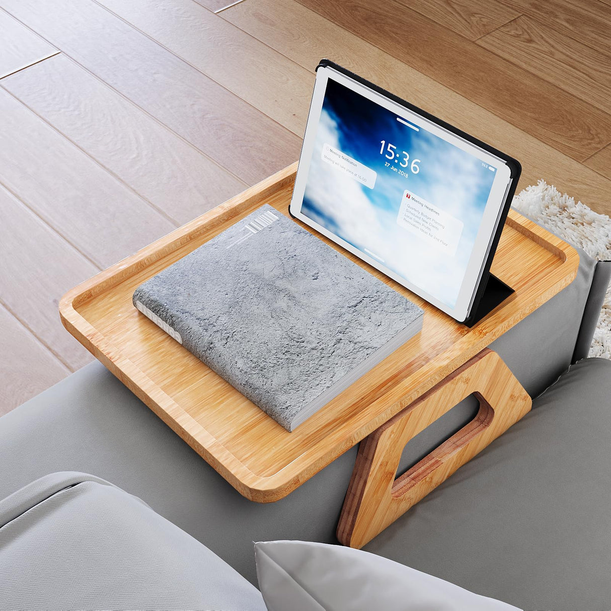 Danfoxer Couch Arm Tray Bamboo Sofa Armrest Tray Sofa Arm Clip Table Multi-Function Arm Table for Eating/Drinks/Remote Control Danfoxer