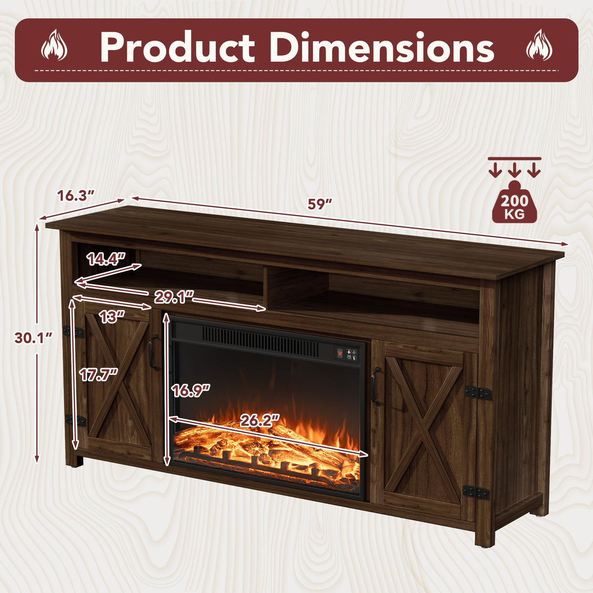 JUMMICO Fireplace TV Stand for TVs Up to 65+ Inch Entertainment Center with Open Storage Shelves and Side Cabinets, Media Console Table with Barn Doors for Living Room (Walnut) JUMMICO