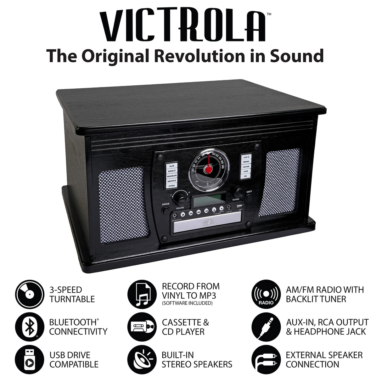 Victrola Navigator 8-in-1 Bluetooth Record Player with Built-in Speakers – 3 Speed, CD Player, Cassette, FM Radio, USB, RCA Out, Headphone Jack, Wireless Music Streaming, Real Wood, White Victrola