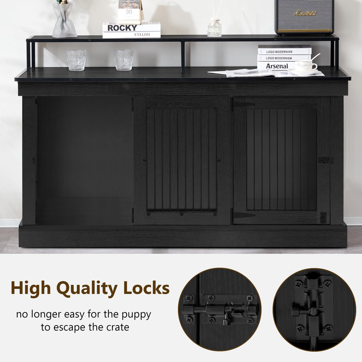 MCombo Large Dog Crate Furniture TV Stand, Wooden Dog Kennel with Double Doors, Indoor Furniture Style Dog Crate House End Table, 1861 (Black) MCombo