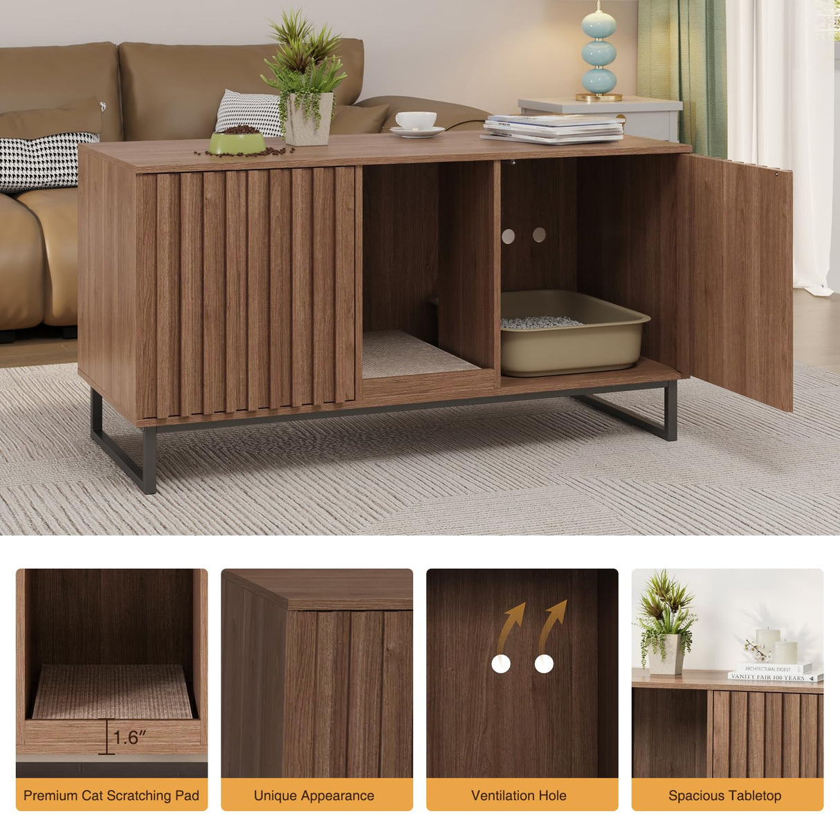 Vabches 47.2” Large Cat Litter Box Enclosure with Scratch Pad, Double Hidden Wooden Indoor Cat House, TV Stand Side Table Pet Washroom Furniture for 2 Cats, Walnut Vabches