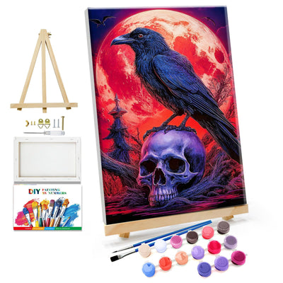 JOOZ Halloween Paint by Numbers Kit for Adults with Frame Skull Paint by Number with Easel Bird Adult Paint by Number Kits DIY Moon Digital Oil Painting Kits for Ideal Gift Home Wall Decor 8x12 Inch