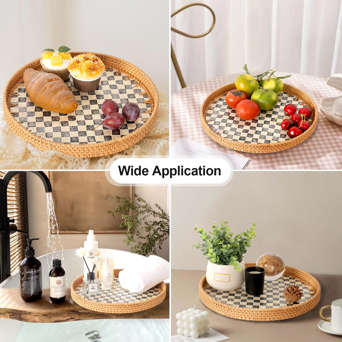 Tynulox Round Rattan Tray with Mother of Pearl Inlay, Rattan Serving Tray for Coffee, Bread, Fruits, Decorative Wicker Tray for Table Decor, Home Decor, Kitchen Island Decor(Round Checkerboard, 11.8") Tynulox