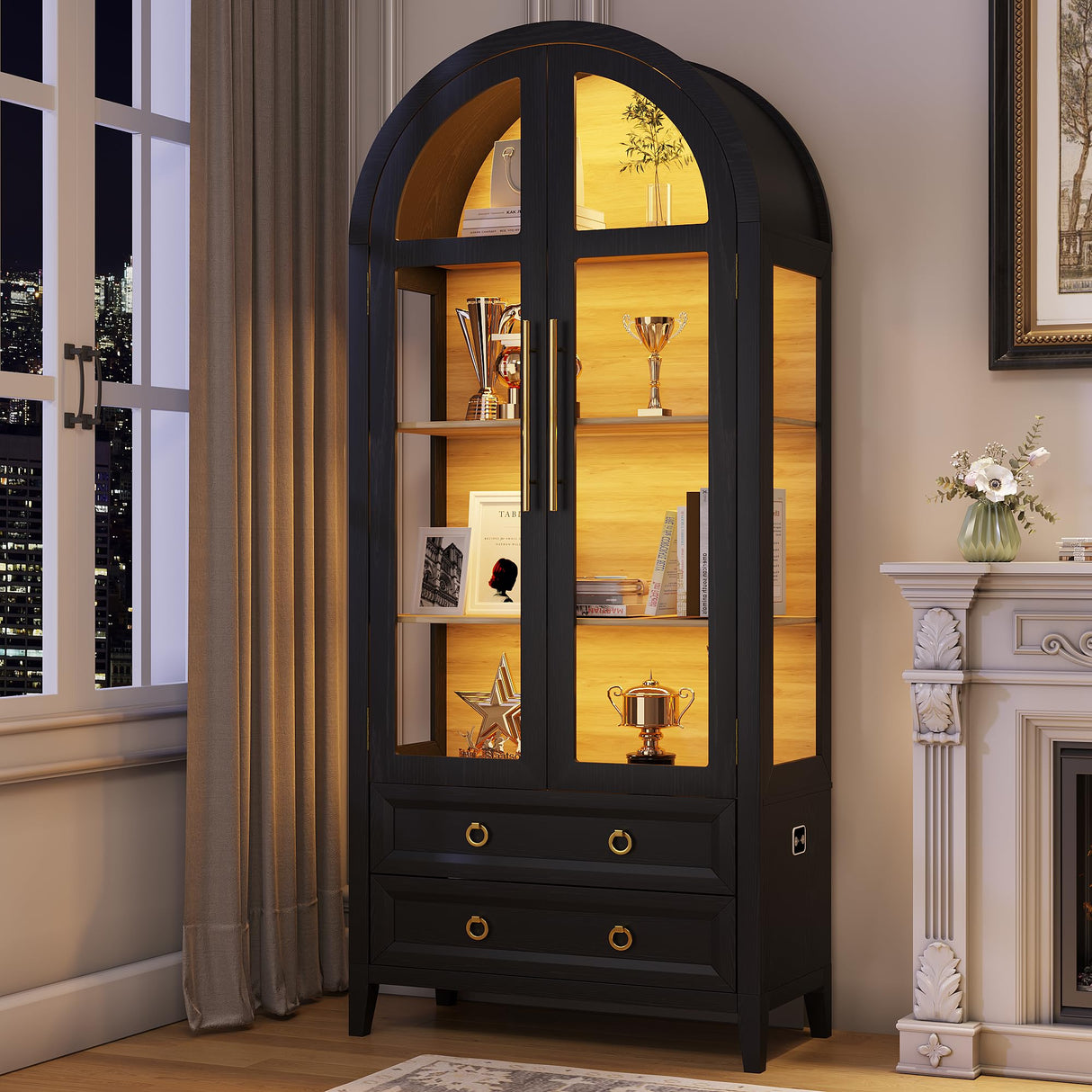 LVSOMT 71" Tall Arched Storage Cabinet with Glass Doors and Drawers, Curio Display Cabinet with Adjustable LED Light & Human Sensor, 4-Tier China Cabinet for Living Room(Black+Wood) LVSOMT